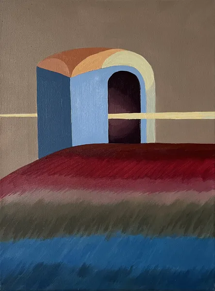 „Dům na skále" — Olej na plátně od Karin Krutsche, 2025, 35 × 25 cm