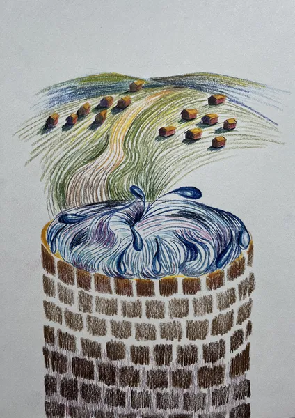„Setkání u studny" — Pastelka na papíře od Karin Krutsche, 2023, 21 × 29 cm