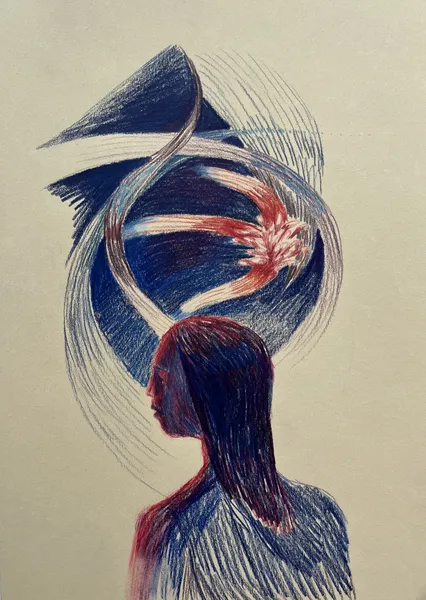 „Ohnivé jazyky" — Pastelka na papíře od Karin Krutsche, 2023, 21 × 29 cm