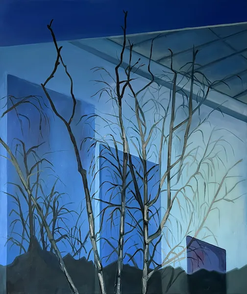 „Odlesk v okně" — Olej na plátně od Karin Krutsche, 2023, 130 × 110 cm