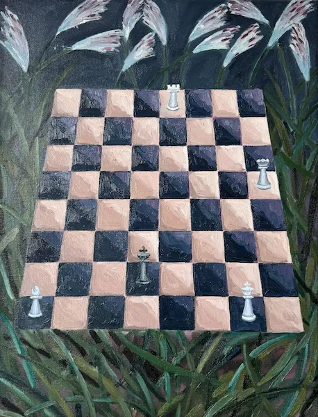 „Šachová kompozice" — Olej na plátně od Karin Krutsche, 2022, 85 × 65 cm