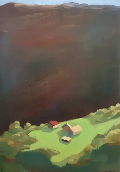 „Sousedé přes kopec I." — Olej na plátně od Karin Krutsche, 2022, 50 × 70 cm