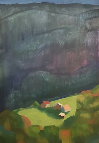 „Sousedé přes kopec II." — Olej na plátně od Karin Krutsche, 2022, 50 × 70 cm