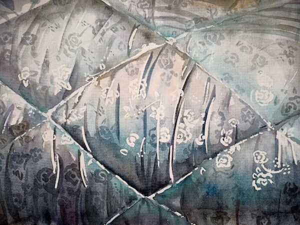 „Peřiny I." — Akvarel na papíře od Karin Krutsche, 2021, 38 × 27 cm