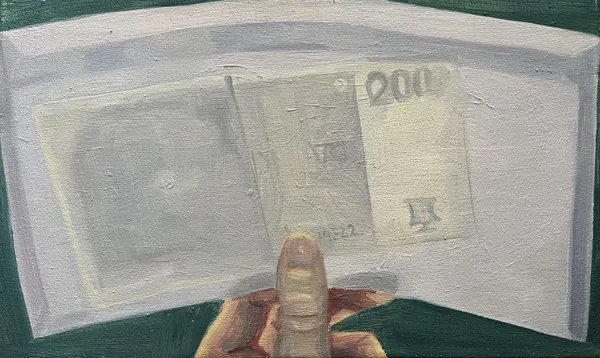 „Dva tisíce" — Olej na plátně od Karin Krutsche, 2021, 50 × 30 cm